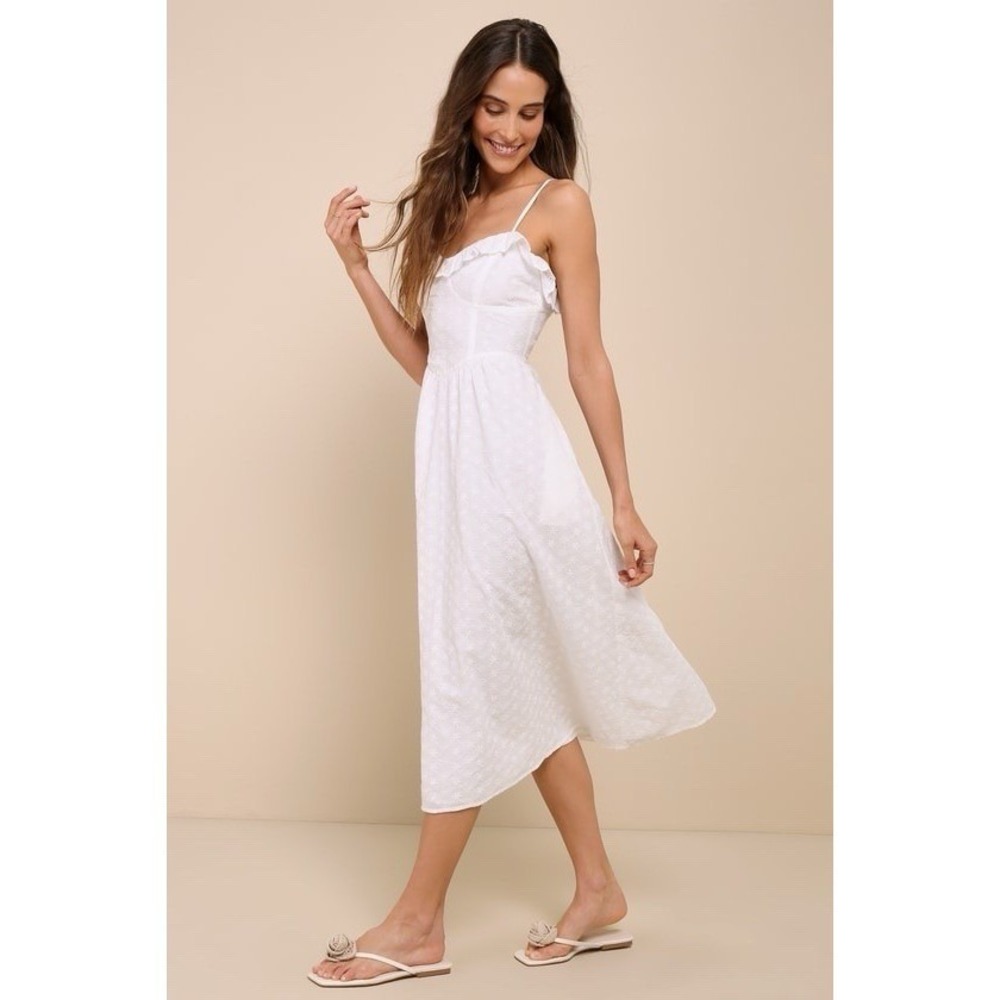 Lulus Lovely Weather White Eyelet Midi Dress L Bustier Embroidered Sundress NWT